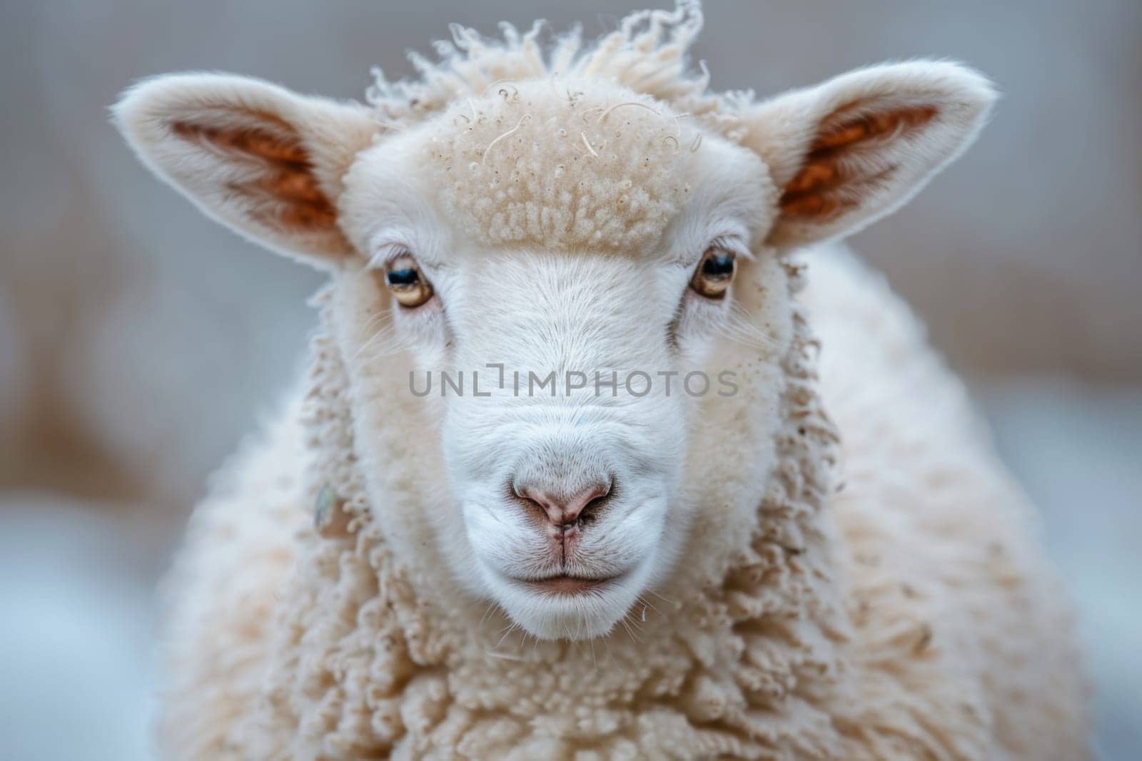 A sheep with a white face and brown ears is staring at the camera. Generative AI.