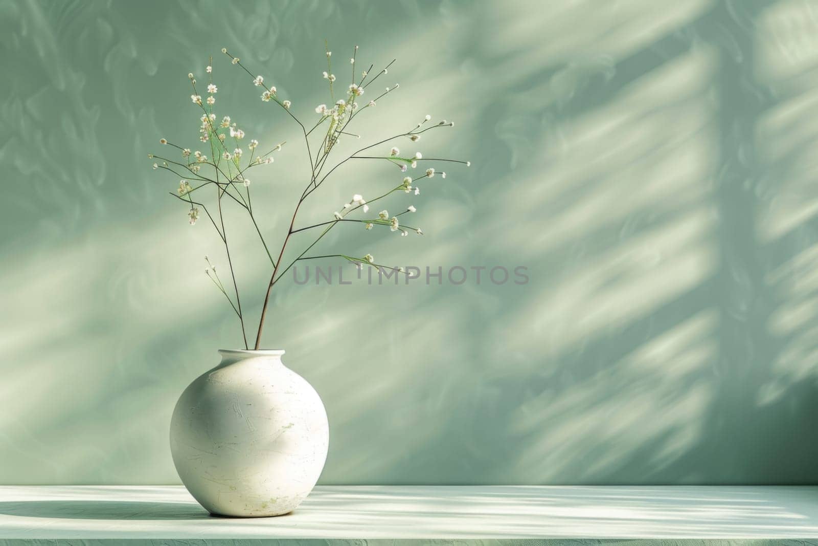 A white vase with a tree in it sits on a table. Generative AI by nateemee