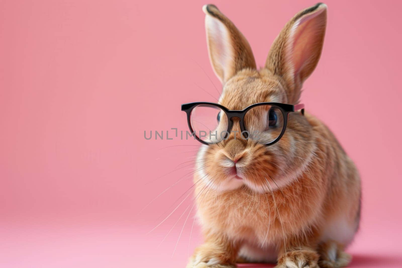 A rabbit wearing glasses is standing on a pink background. Generative AI by nateemee
