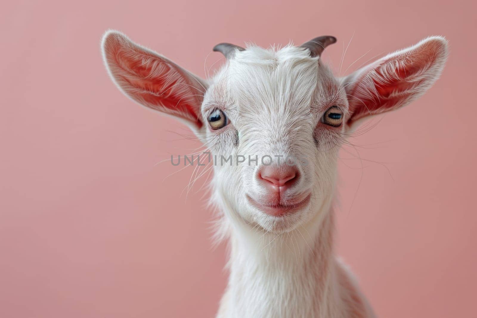 A white goat with a pink background. Generative AI.