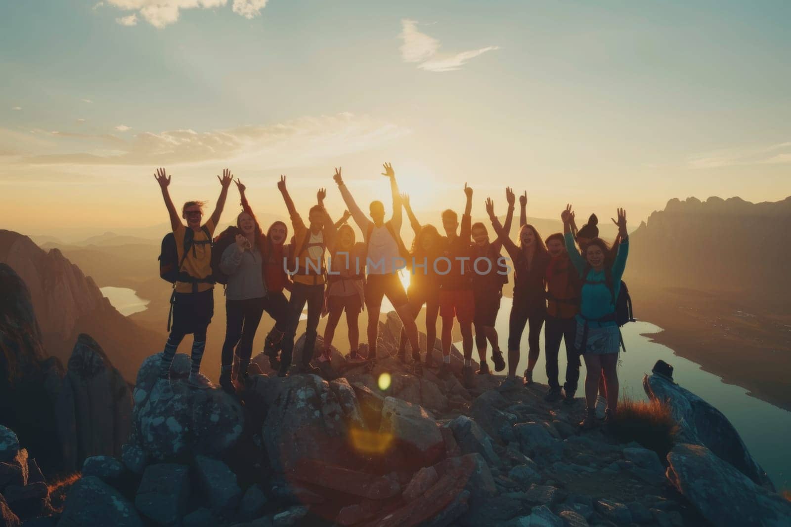 A group of people are standing on a mountain, with the sun shining on them. Generative AI.