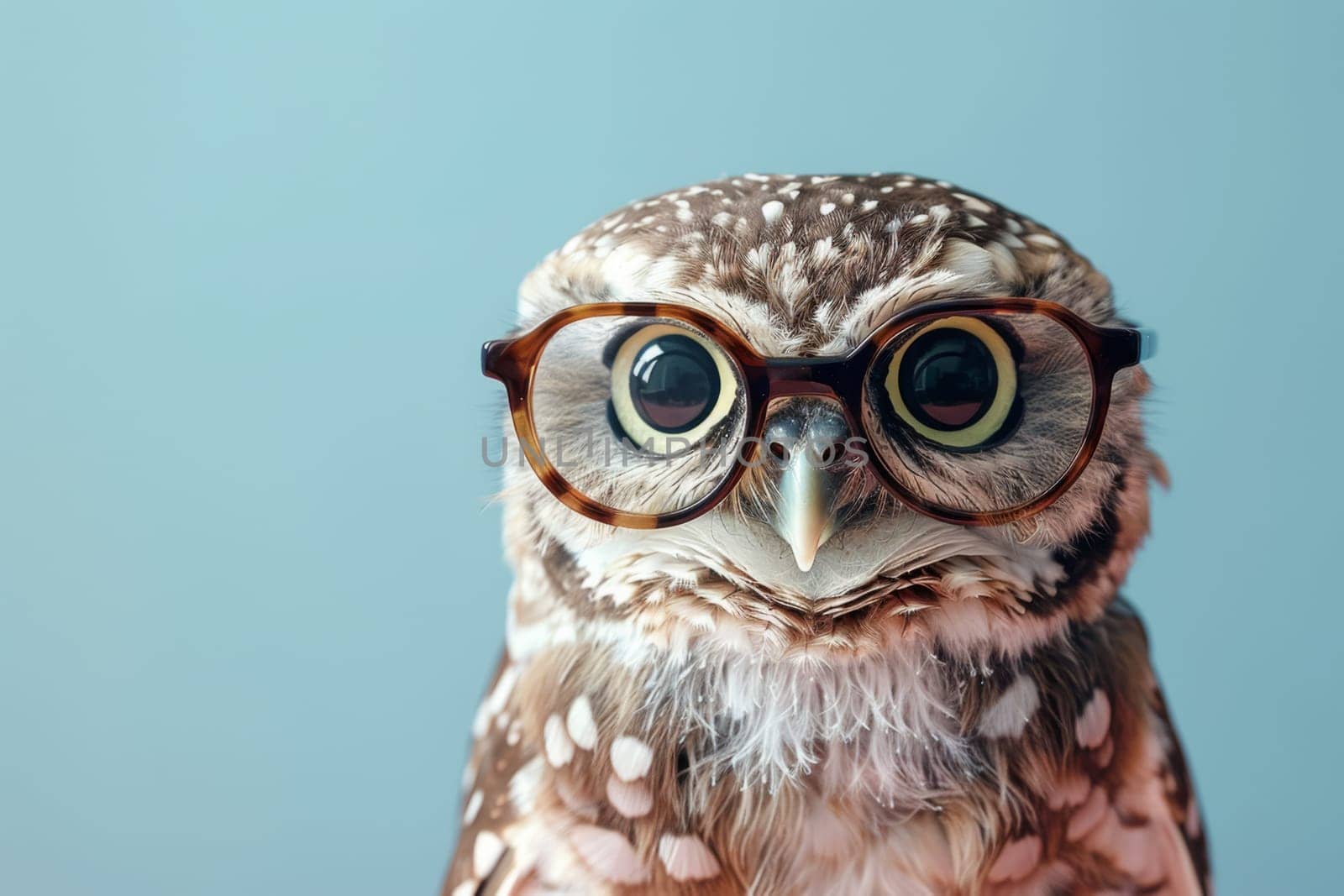 A brown and white owl wearing glasses is staring at the camera. Generative AI by nateemee