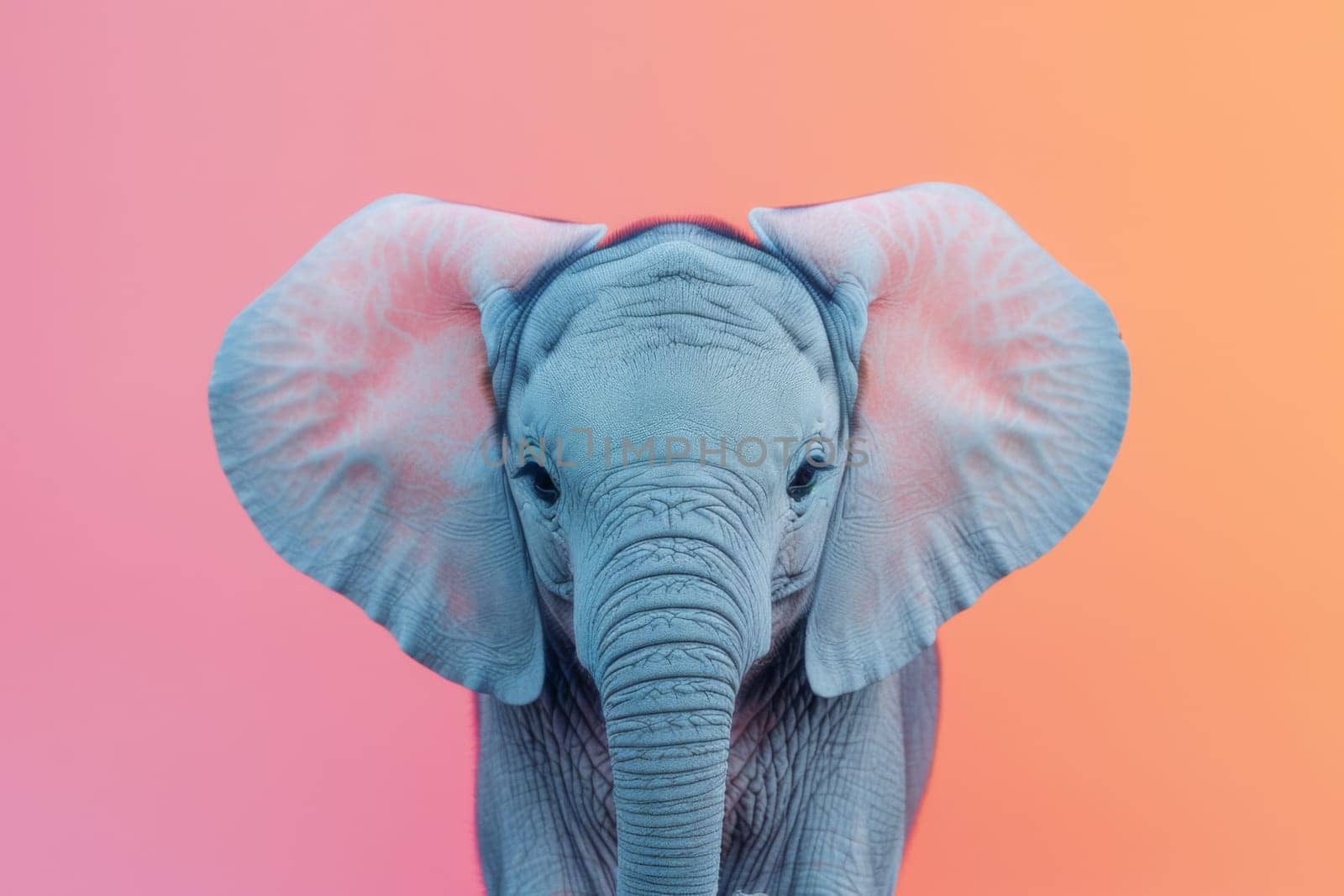 A baby elephant with pinkish orange background. Generative AI.