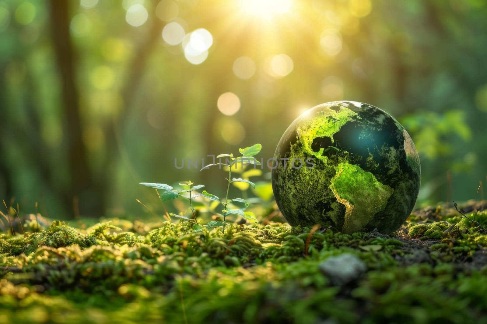 A green globe is sitting on a mossy forest floor. Generative AI by nateemee