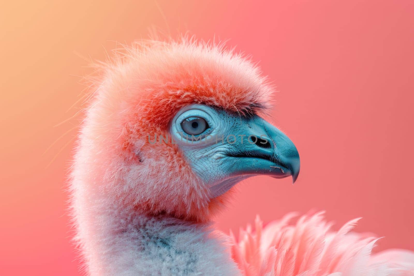 A baby flamingo with pink feathers and a blue beak. Generative AI.
