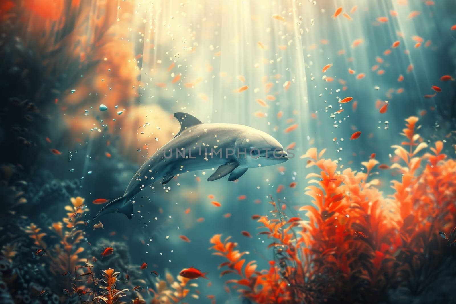 A dolphin is swimming in a coral reef with orange and red plants. Generative AI by nateemee