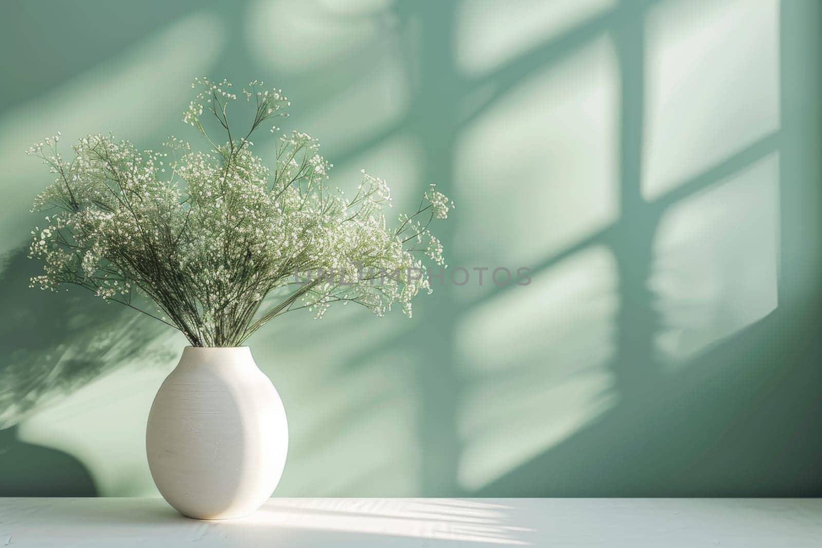 A white vase with green flowers sits on a table in front of a green wall. Generative AI.