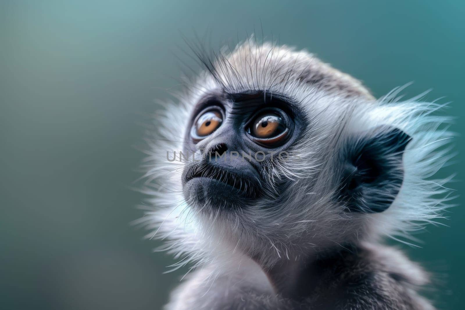 A baby monkey with brown eyes and white fur. Generative AI by nateemee
