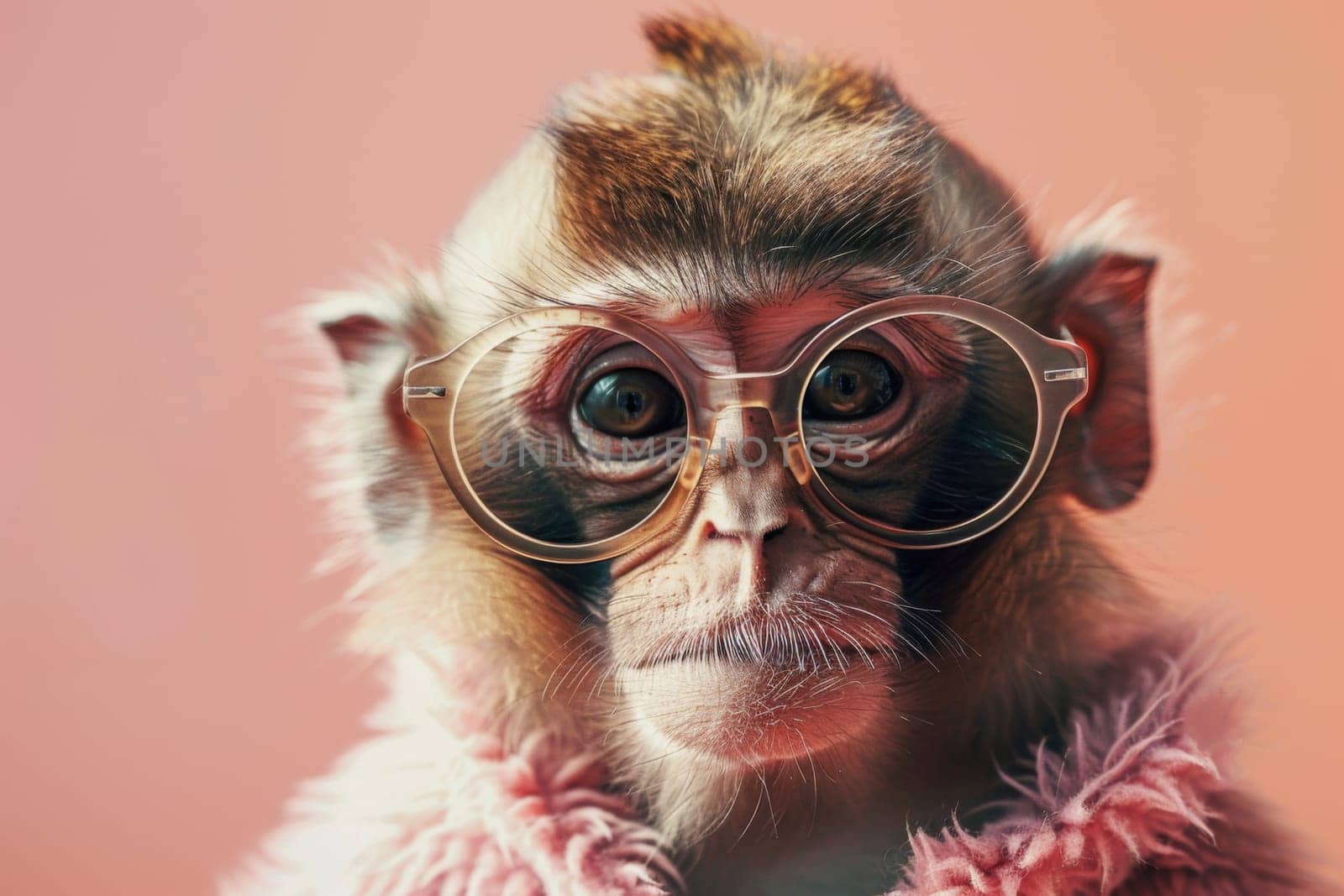 A monkey wearing glasses and a pink scarf. Generative AI.
