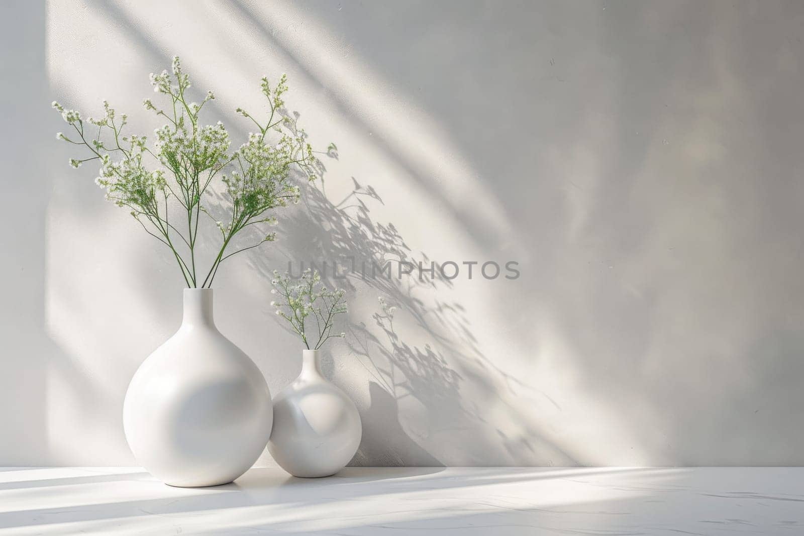 Two white vases with flowers in them sit on a white table. Generative AI by nateemee