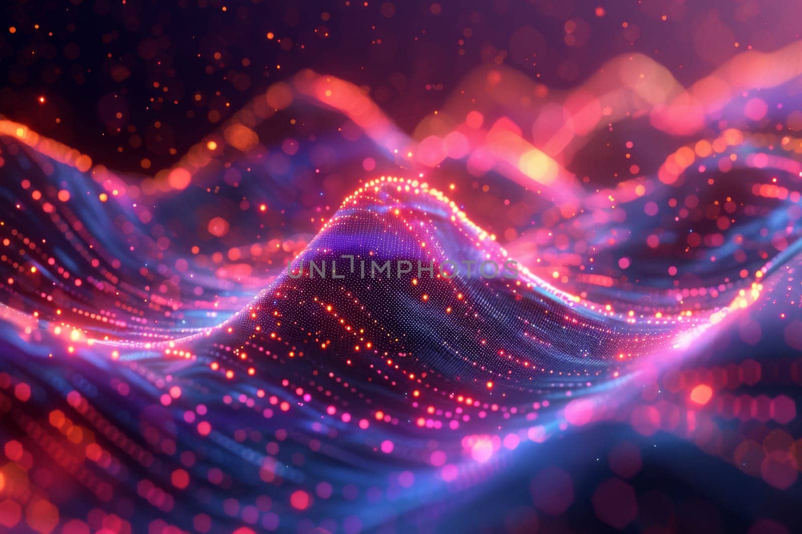 A colorful, abstract image of a wave with a purple and blue background. Generative AI by nateemee