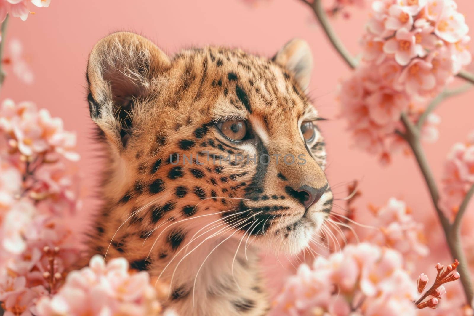 A baby leopard is standing in a field of pink flowers. Generative AI by nateemee