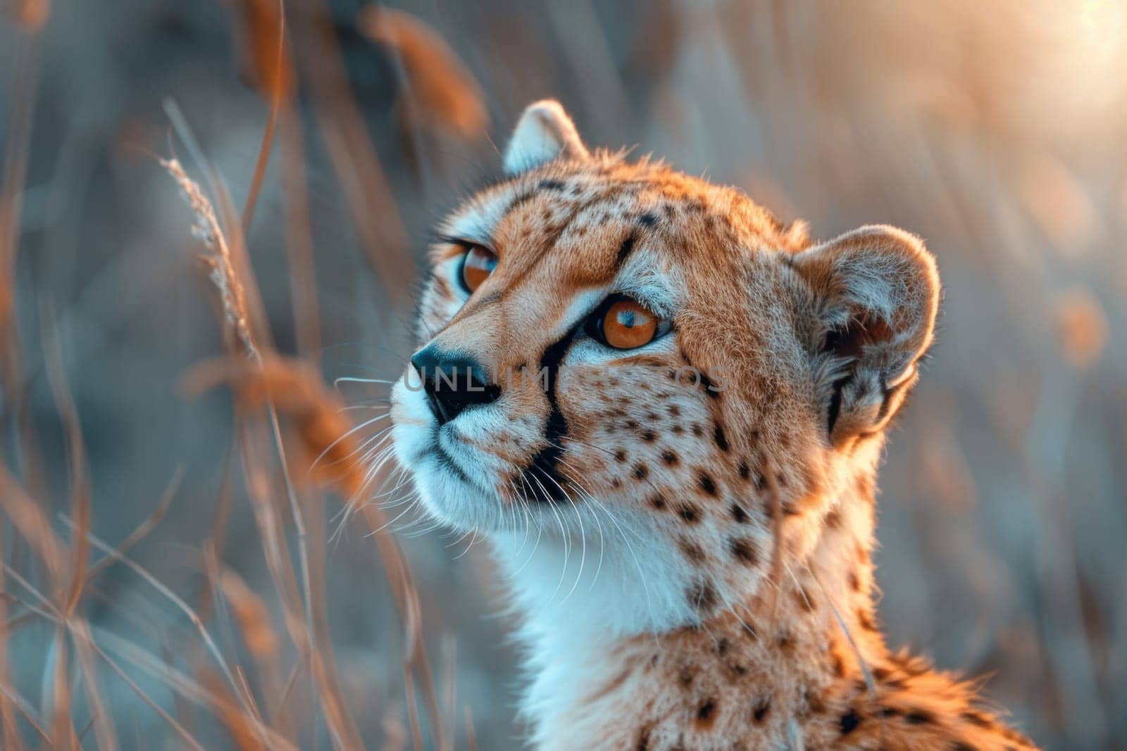 A cheetah is looking at the camera with its eyes wide open. Generative AI by nateemee