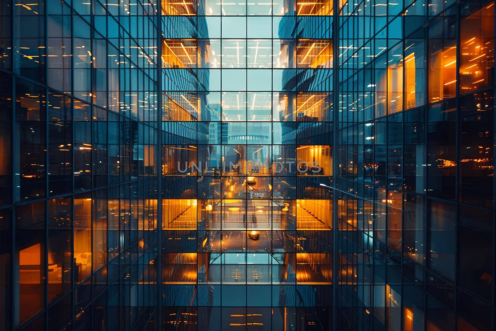 A building with many windows and a lot of light shining through them. Generative AI.