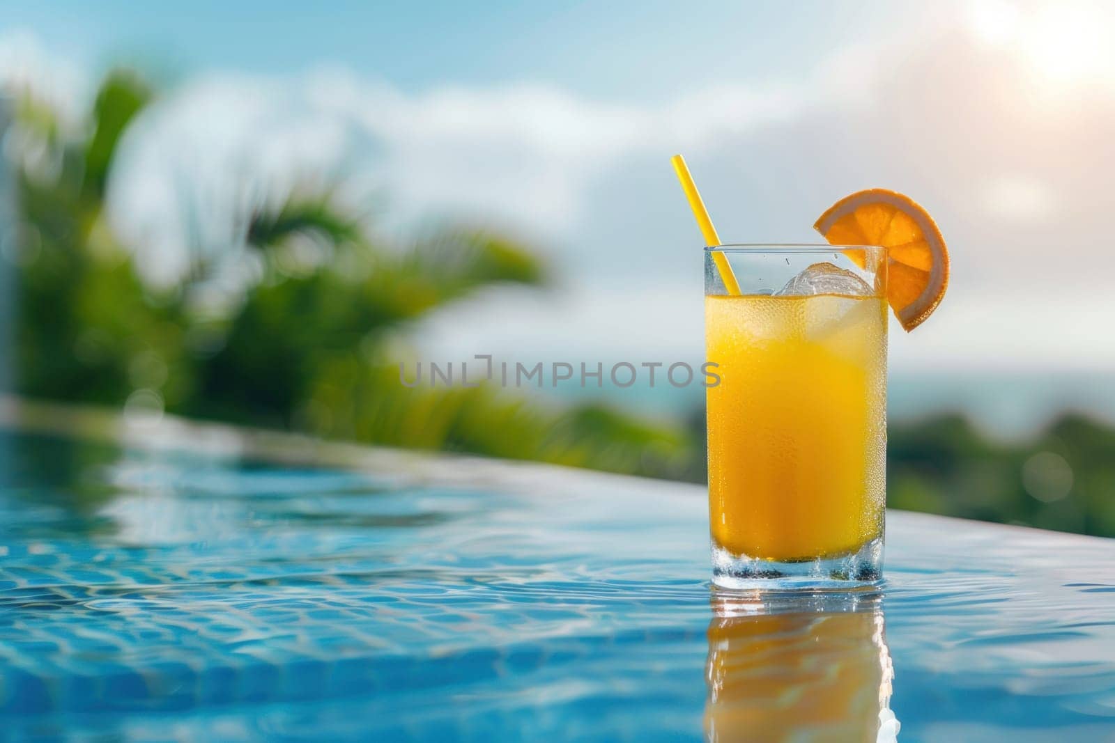 photograph of a cocktail by the pool on a sunny day and leaving space on the right. Generative AI by golfmerrymaker