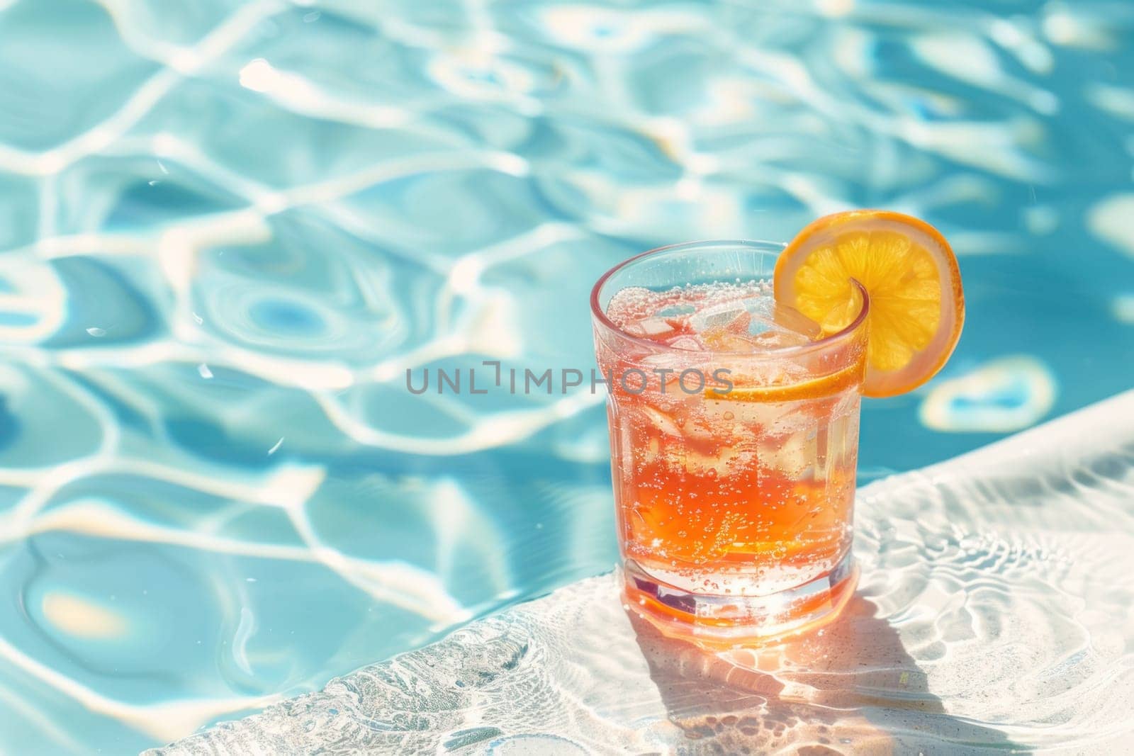 photograph of a cocktail by the pool on a sunny day and leaving space on the right. Generative AI.