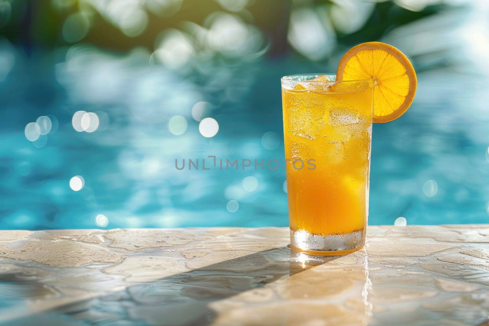 photograph of a cocktail by the pool on a sunny day and leaving space on the right. Generative AI.