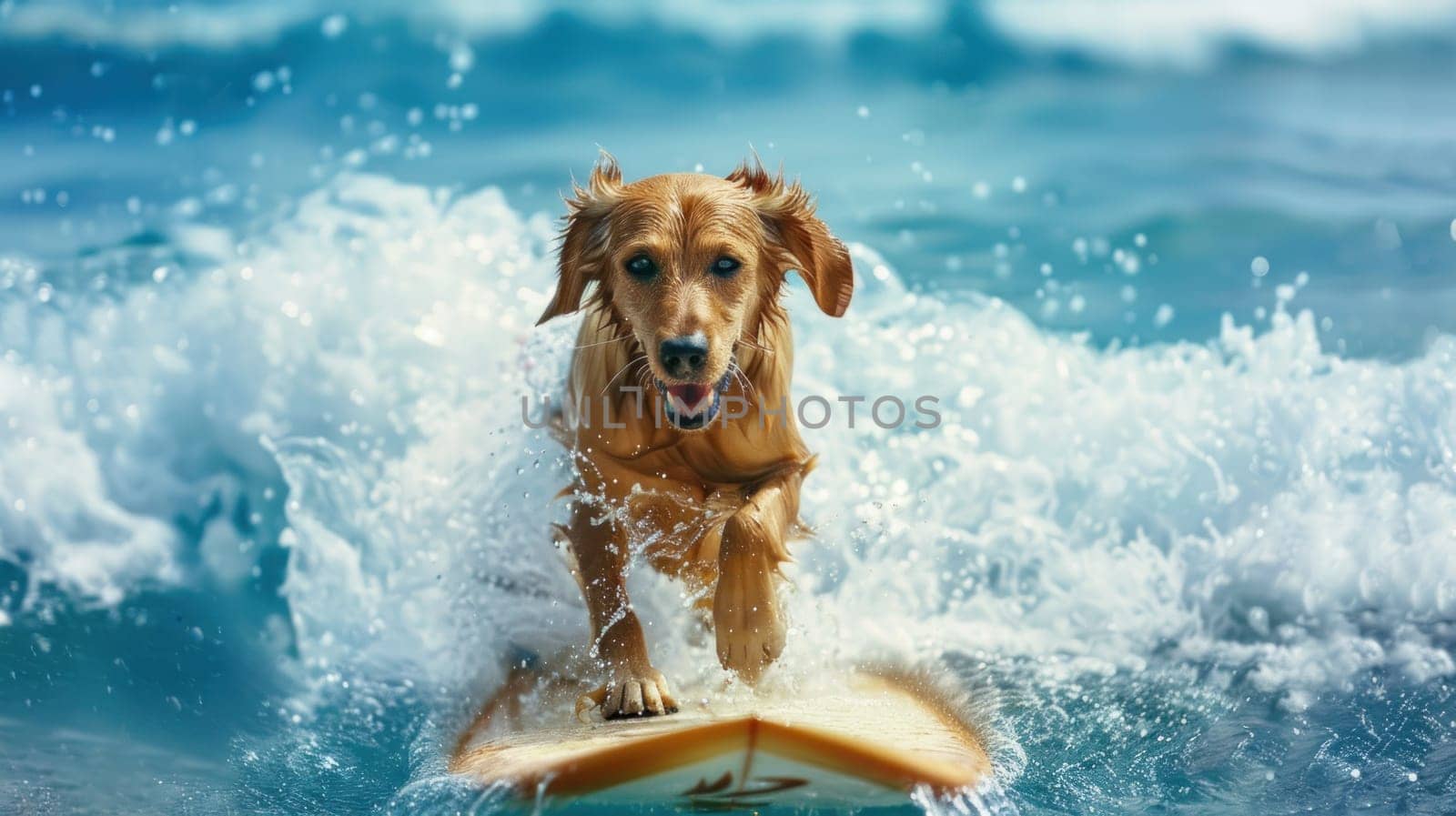 Happy dog surfing, concept of summer activities at sea, vacation. Generative AI.