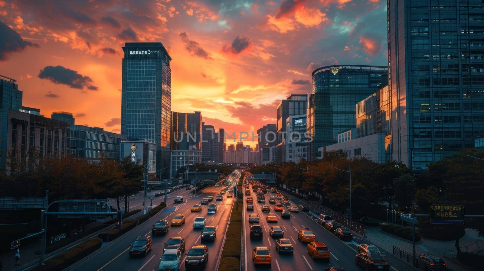 Traffic on a street in a city with tall buildings at sunset. Generative AI.