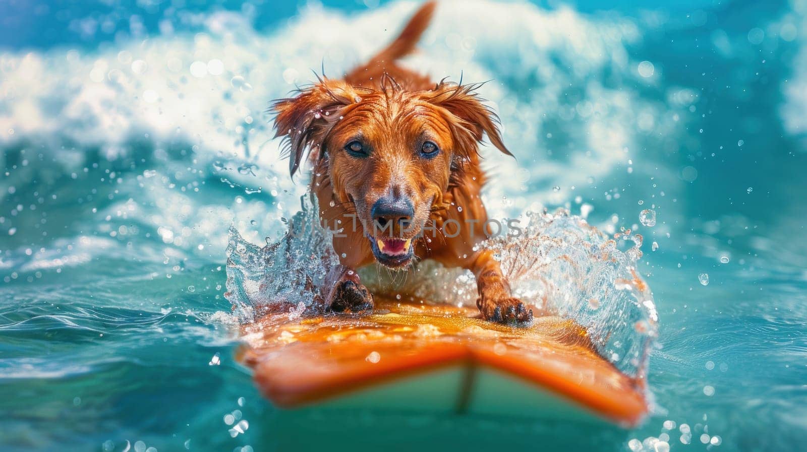 Happy dog surfing, concept of summer activities at sea, vacation. Generative AI.