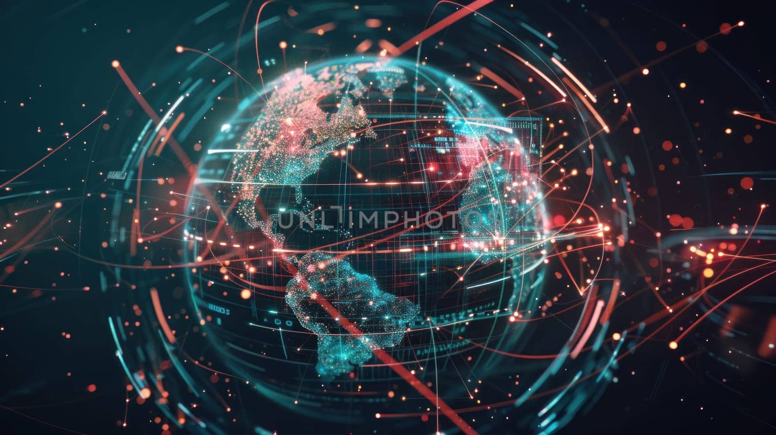 Abstract Background with interconnected glowing lines surrounding the globe. Generative AI.