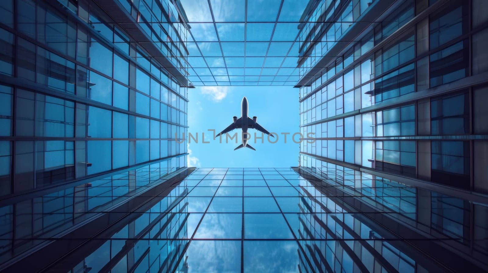 Plane flying perspective from below around building glass, bright blue sky. Generative AI by golfmerrymaker