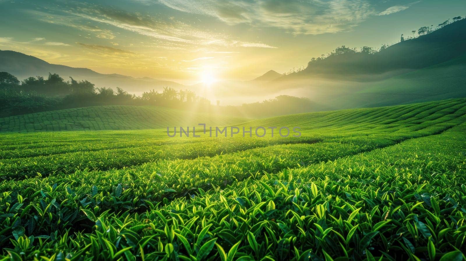 Serene green tea fields at sunrise, misty mountains in the background. Generative AI.