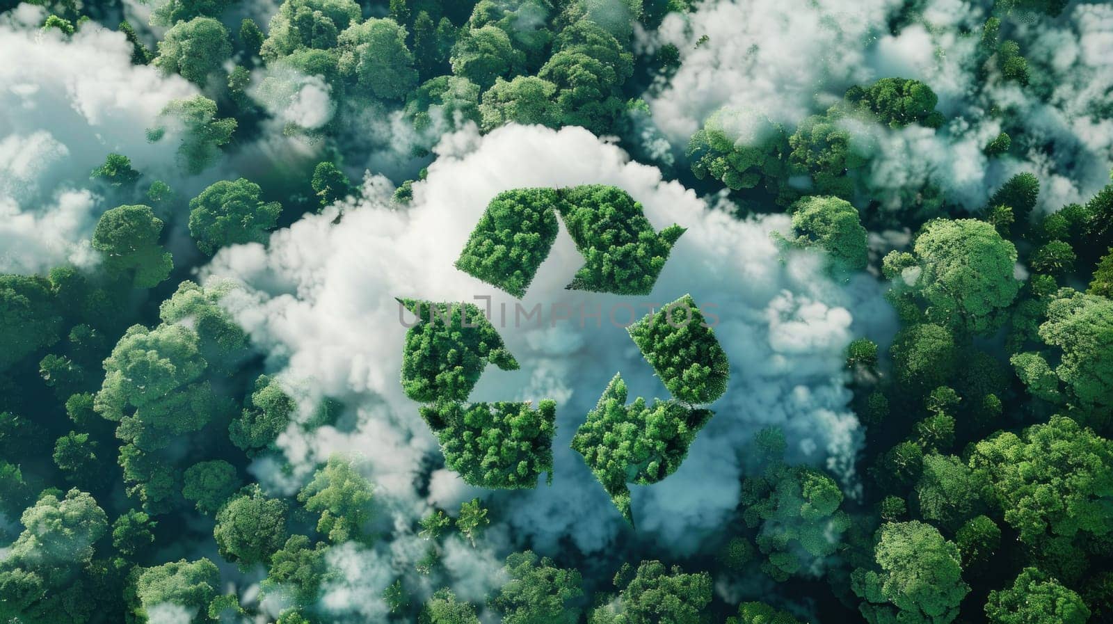 Recycling on a green cloud surrounded by trees. Generative AI.