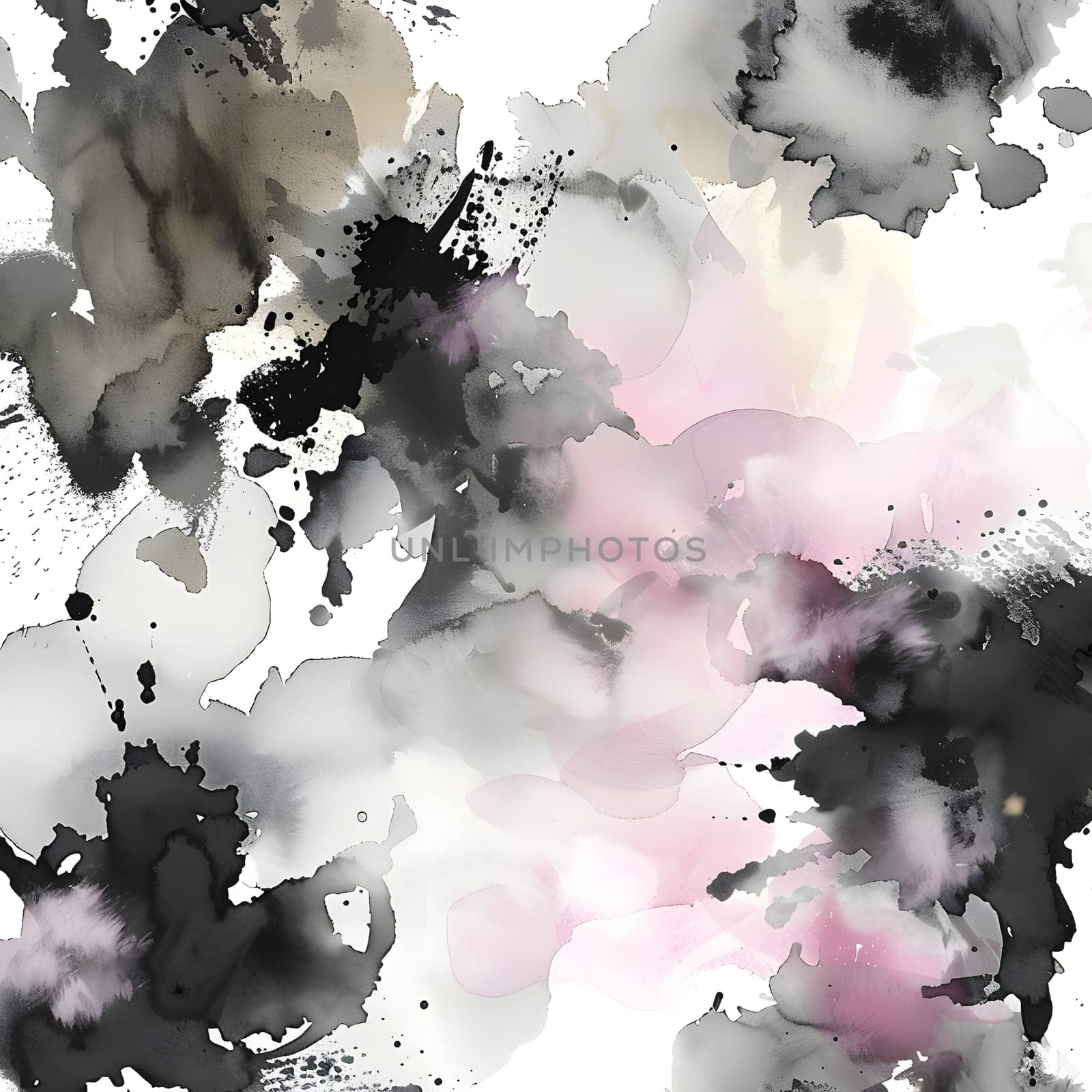 A watercolor painting featuring black, white, and pink hues creating a beautiful blend of colors resembling clouds, plants, petals, and trees on a white background