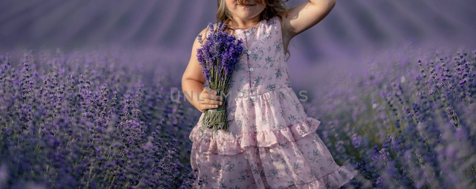 girl lavender field in a pink dress holds a bouquet of lavender on a lilac field. Aromatherapy concept, lavender oil, photo shoot in lavender by Matiunina