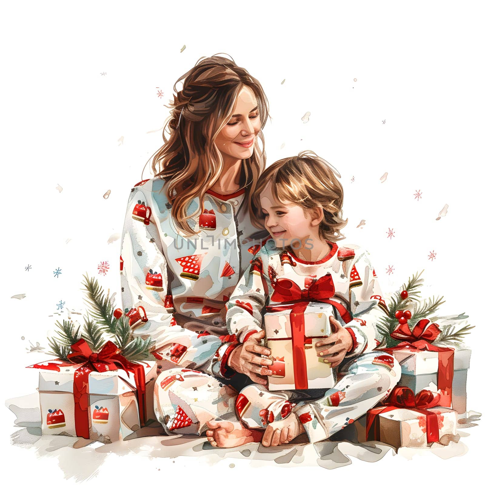 A woman and child sitting happily on the ground, holding Christmas presents by Nadtochiy