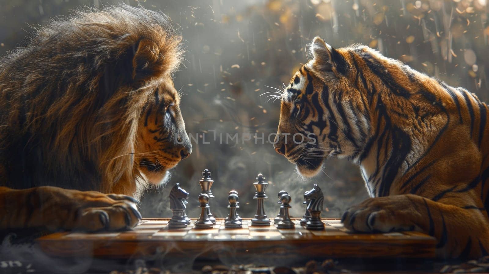 Lion and a tiger playing chess, strategic planning concept.