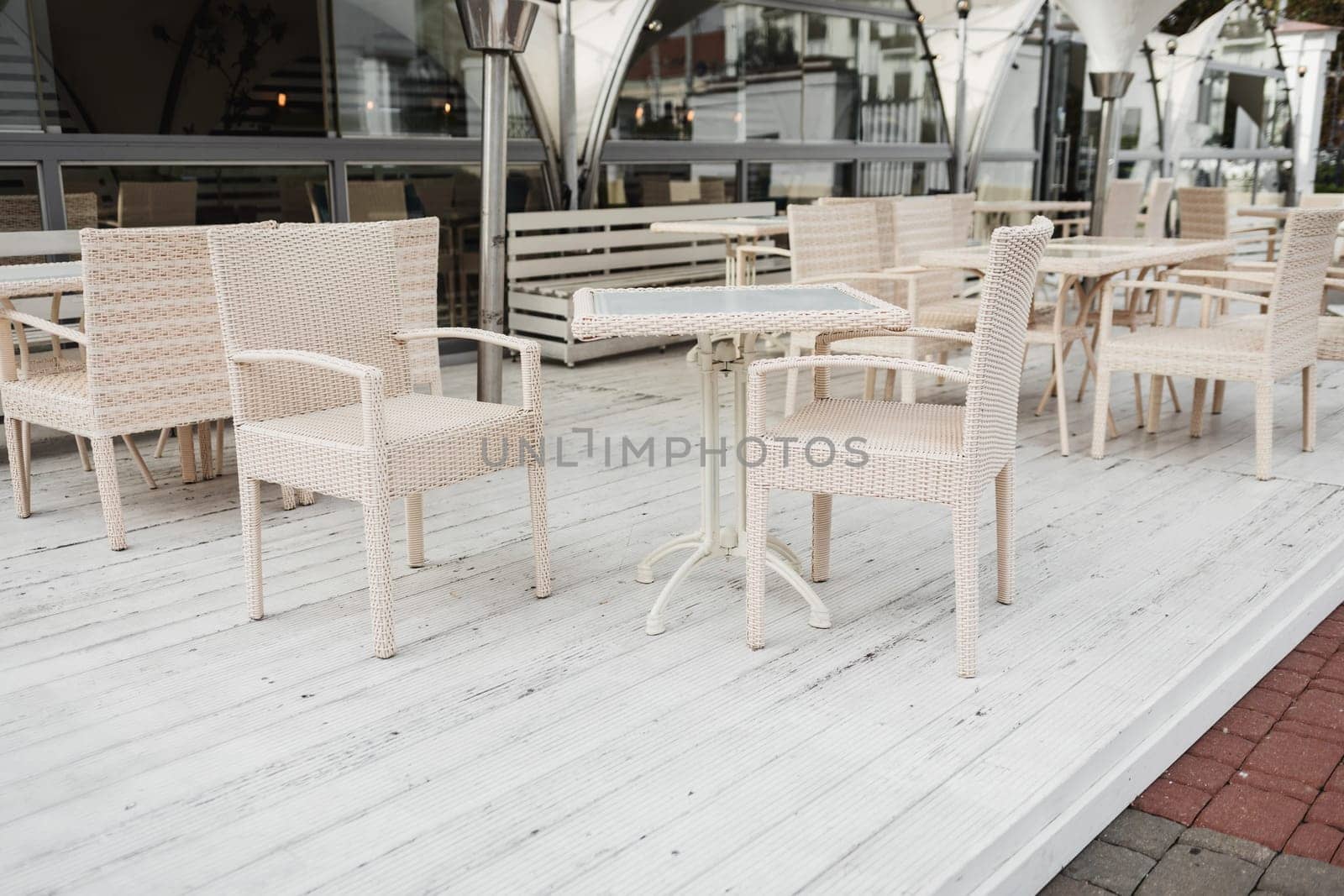 empty street cafe with tables. no people