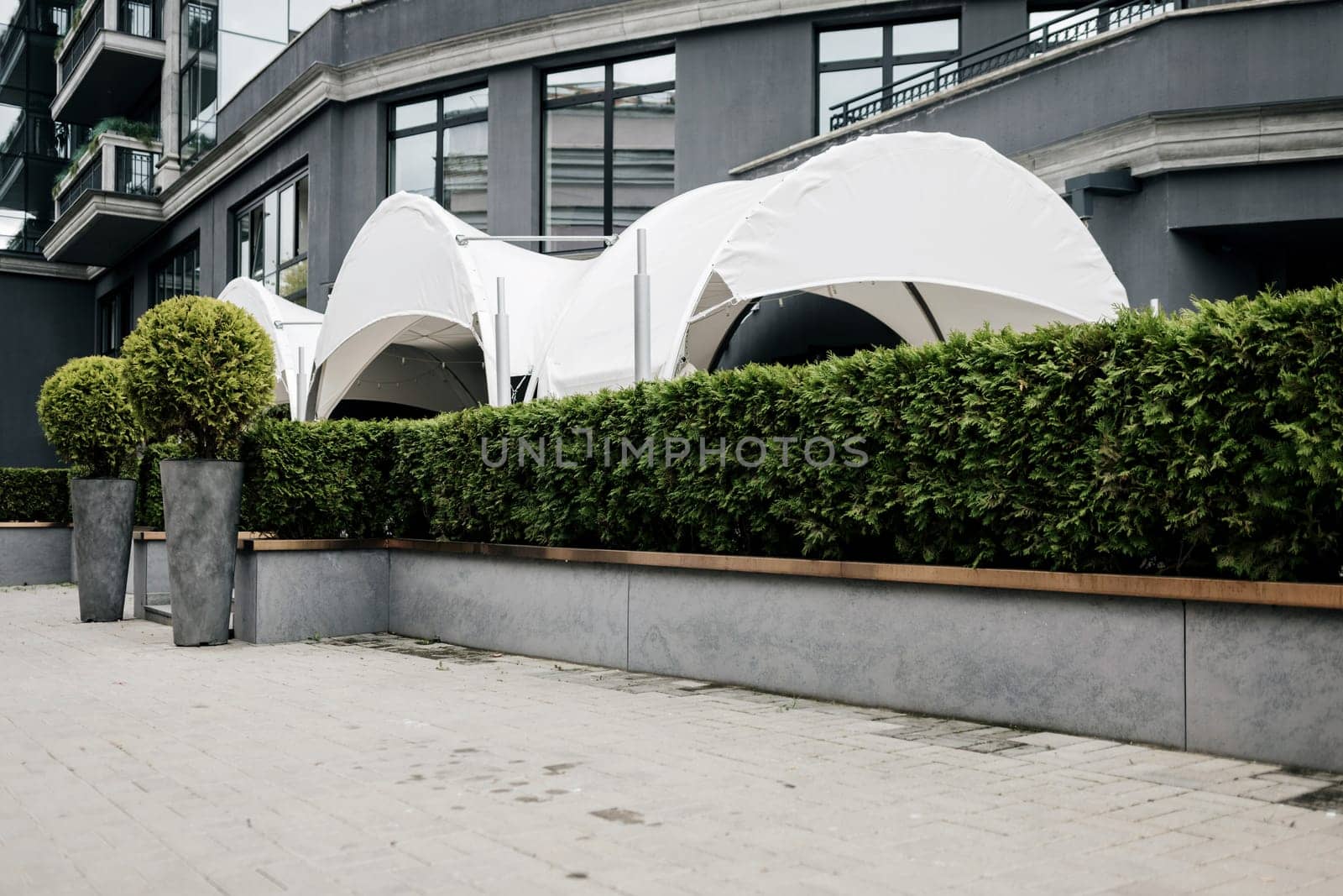 outdoor terrace of the restaurant is hidden by green thuja. cafe near the hotel