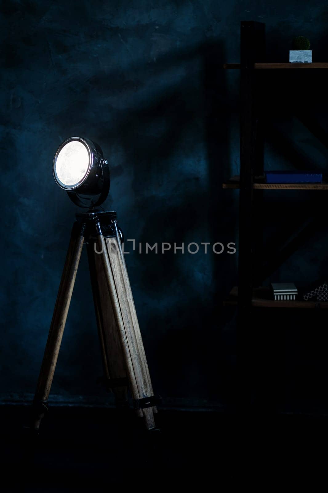 dark loft interior with retro lamp on the floor and bookshelf