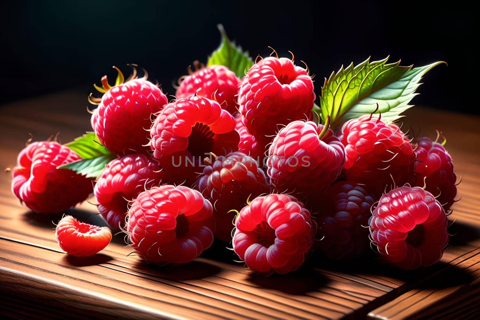 fresh raspberries on a wooden table . AI generated image.