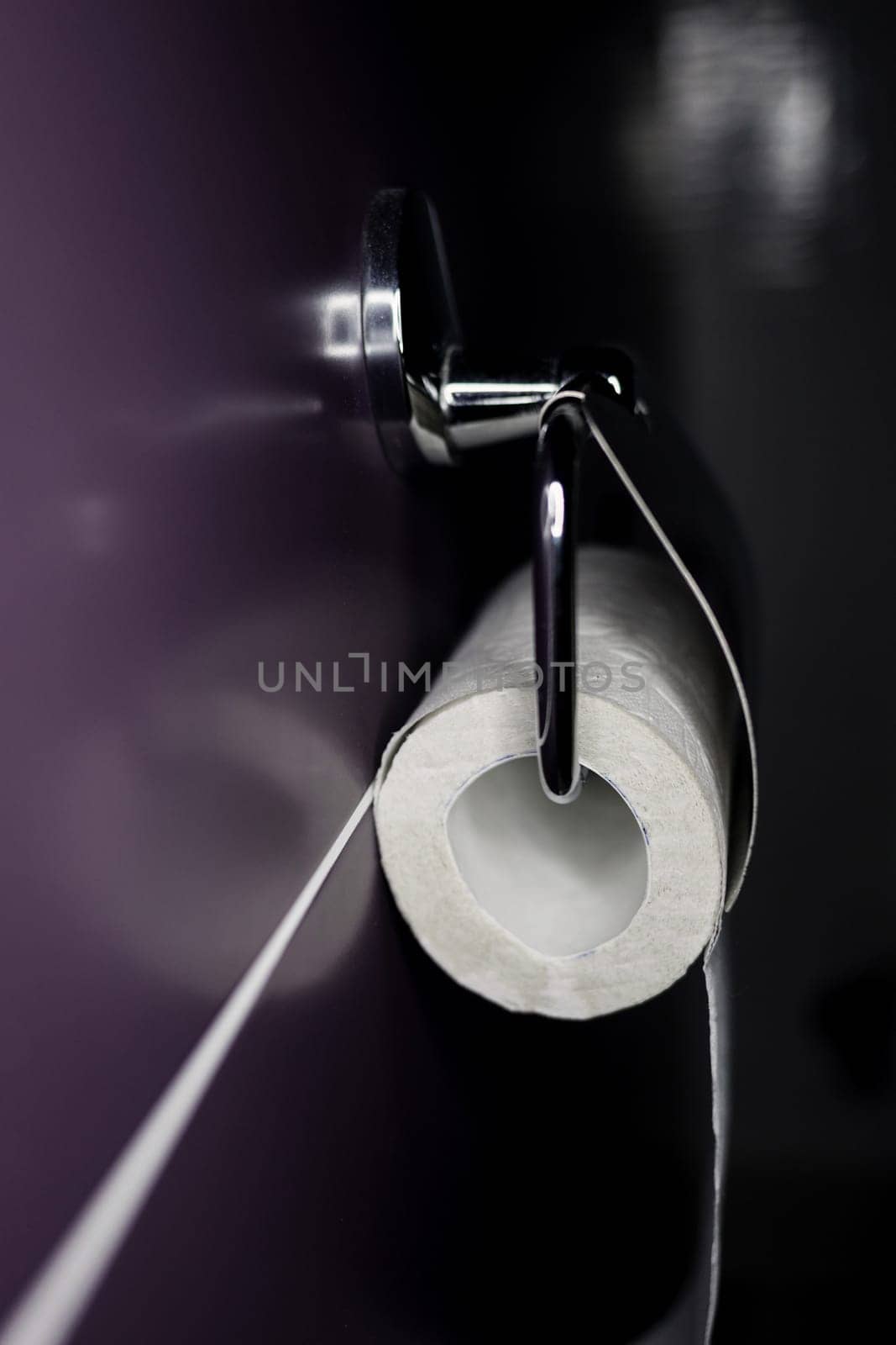 Roll of toilet paper on a shiny steel  holder hanging of  wall