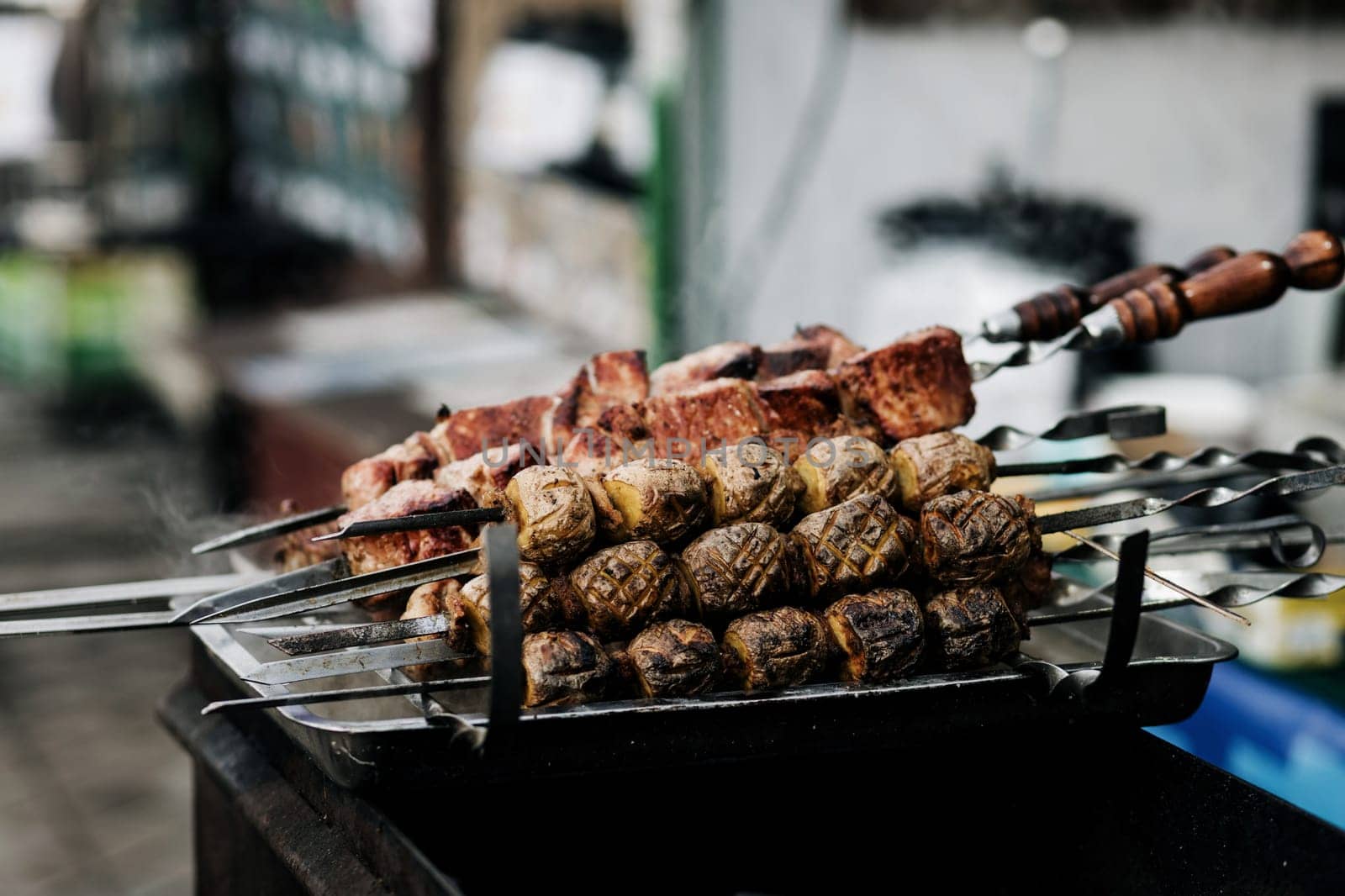 delicious grilled potatoes. vegan kebab