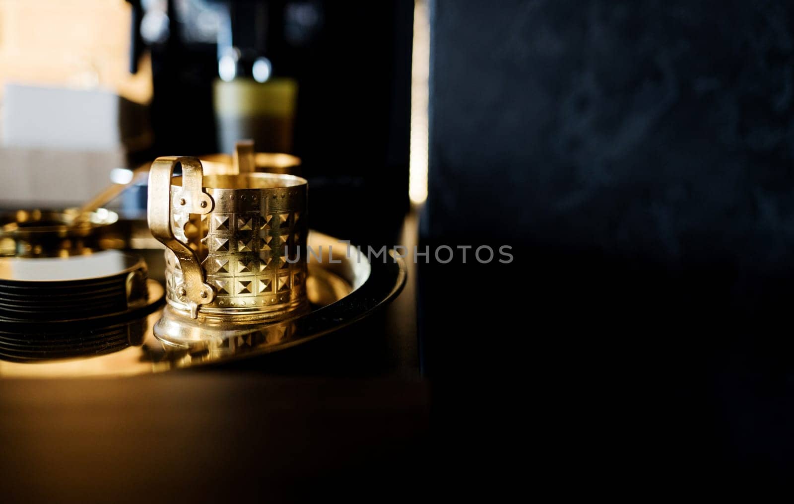 gold aluminum mug. breakfast. metal tableware
