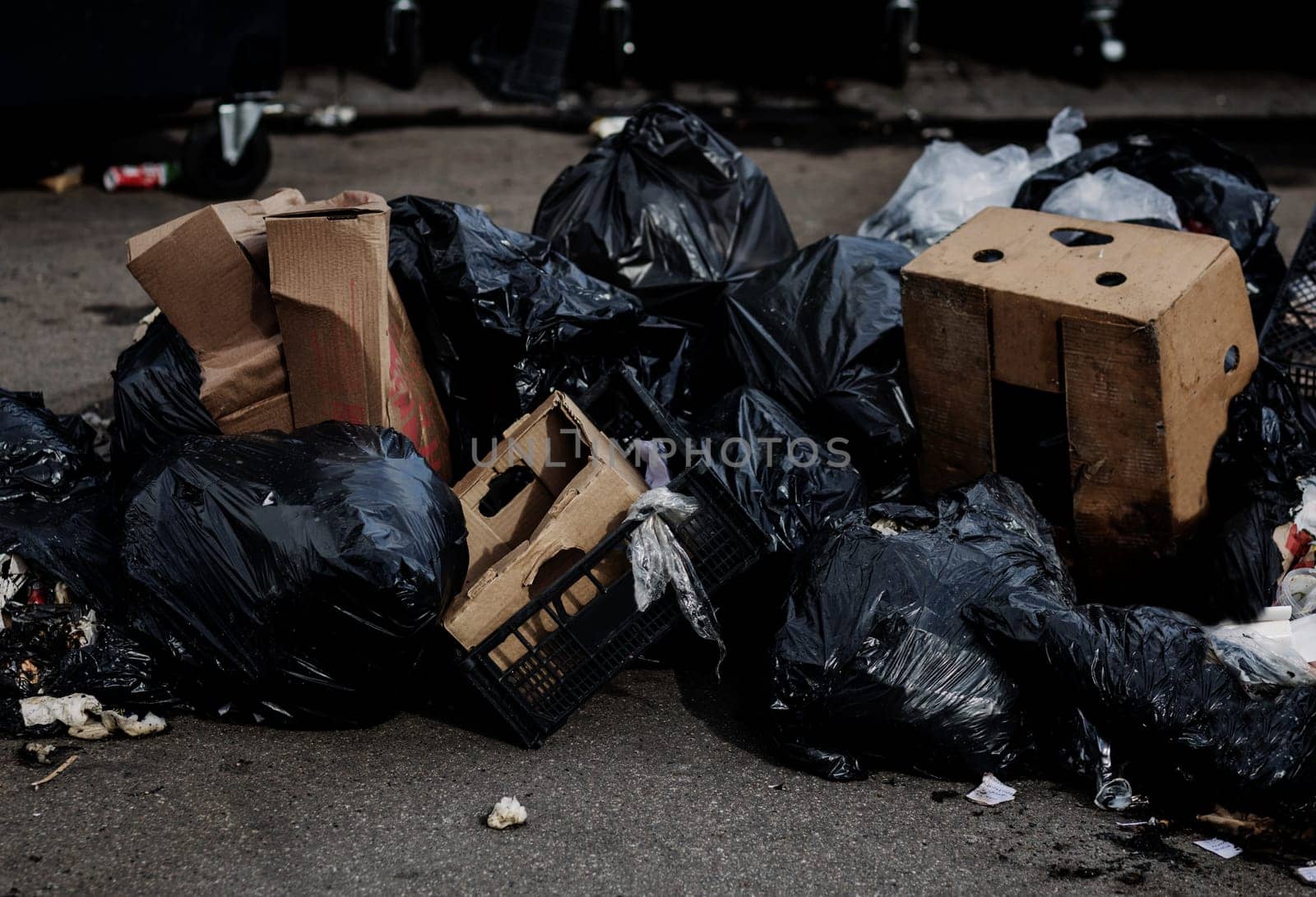 Waste dump concept. Pile of garbage, garbage dump , waste from household, black bags