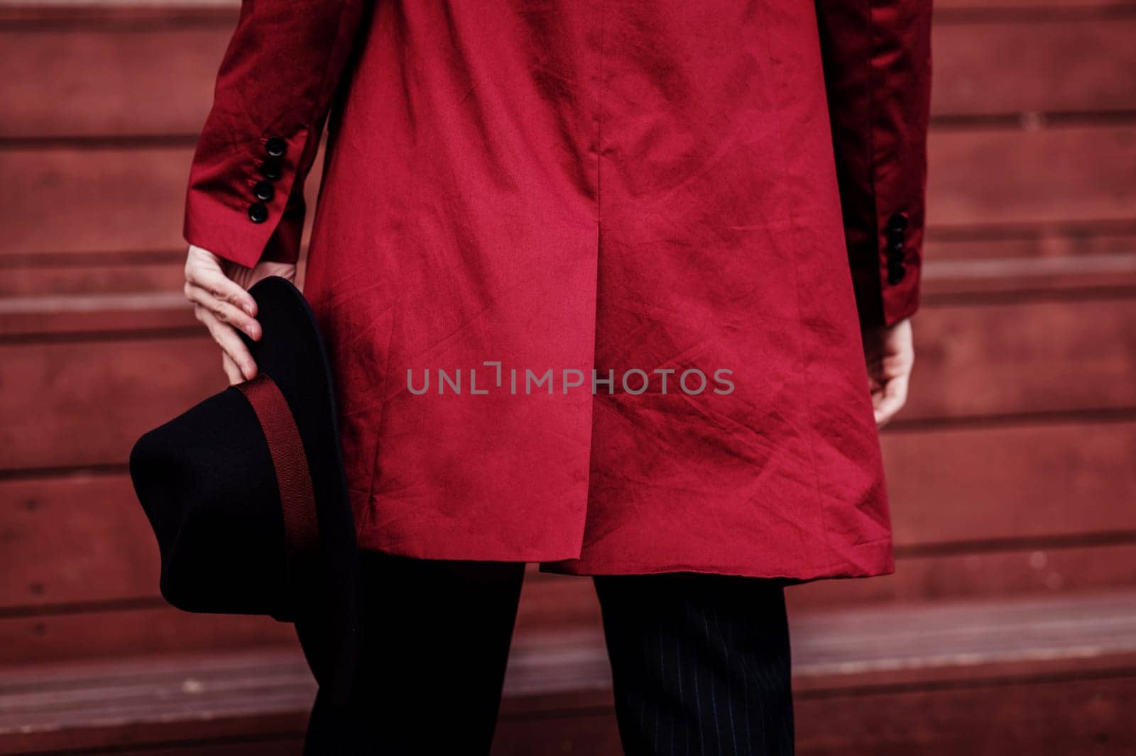 men's style. business red coat and hat on a man