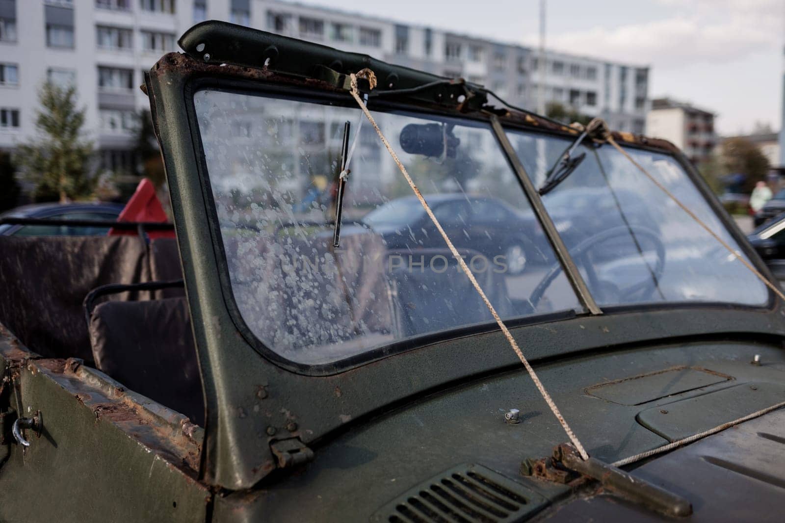 dirty windshield of an old car. vintage car