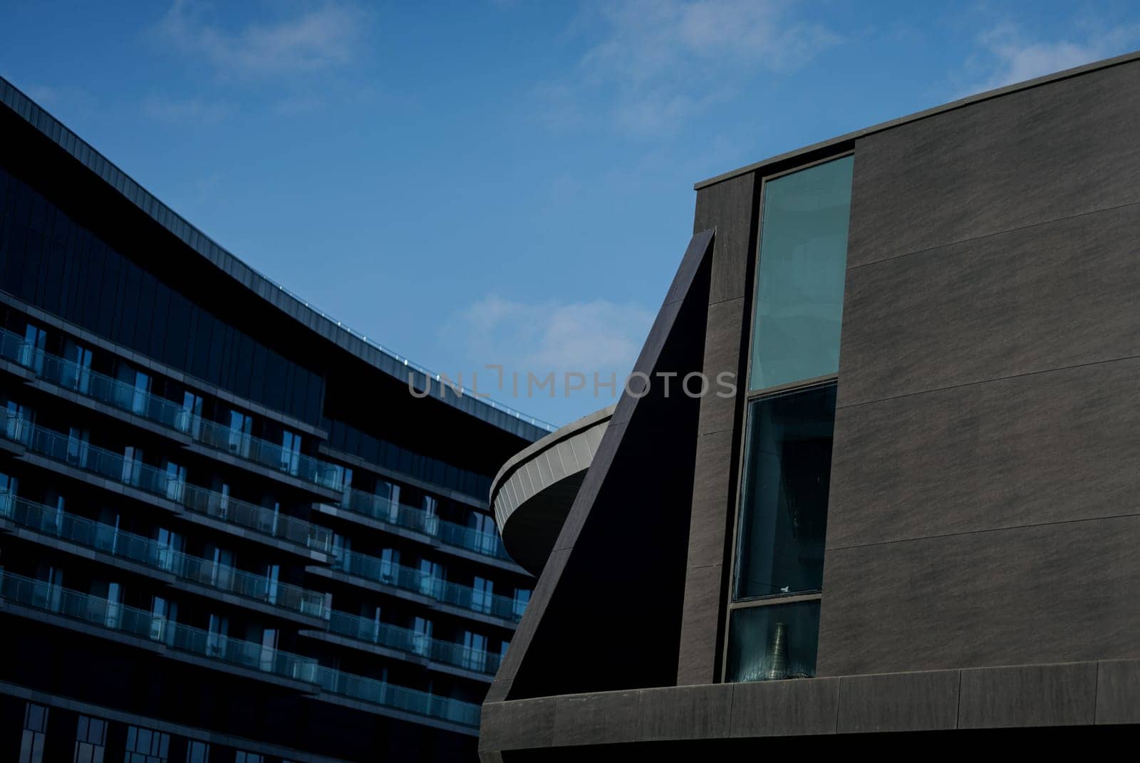 Apartment modern housing. Glass city architecture. Luxury business building. Skyscraper or hotel.