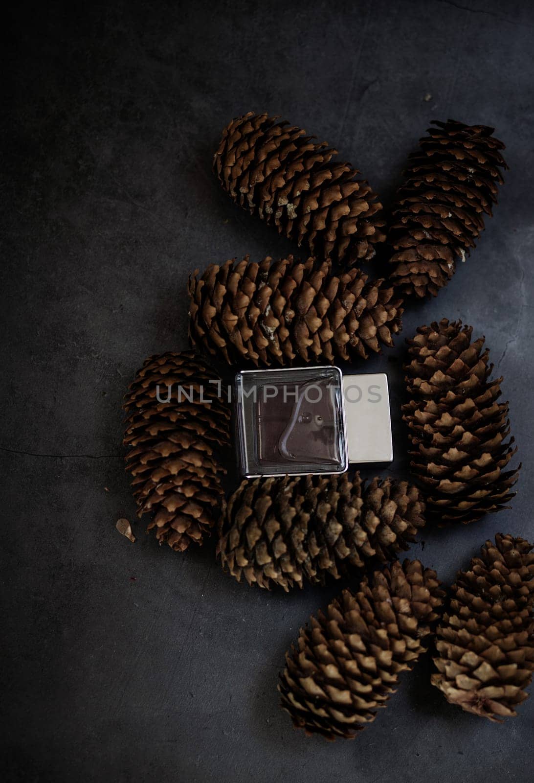 glass perfume bottle in cones with mockup. autumn forest scent. top view