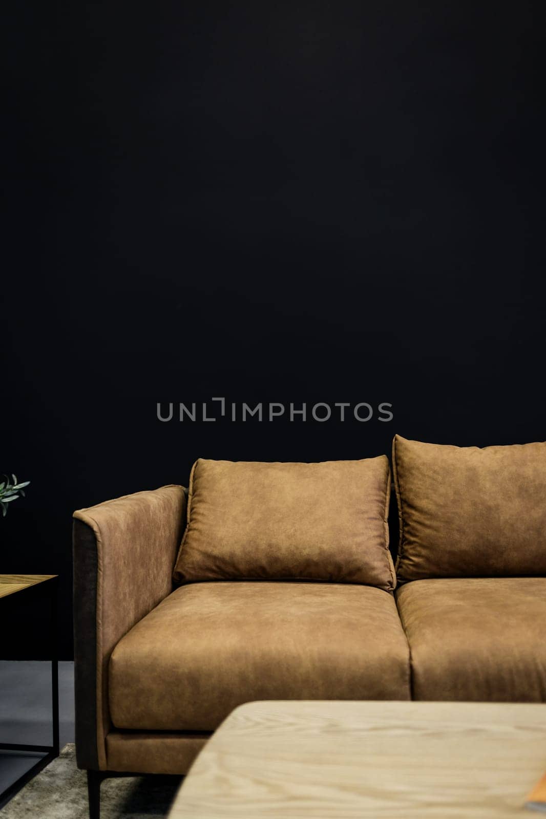 Sofa in living room interior. Loft style. Real photo.