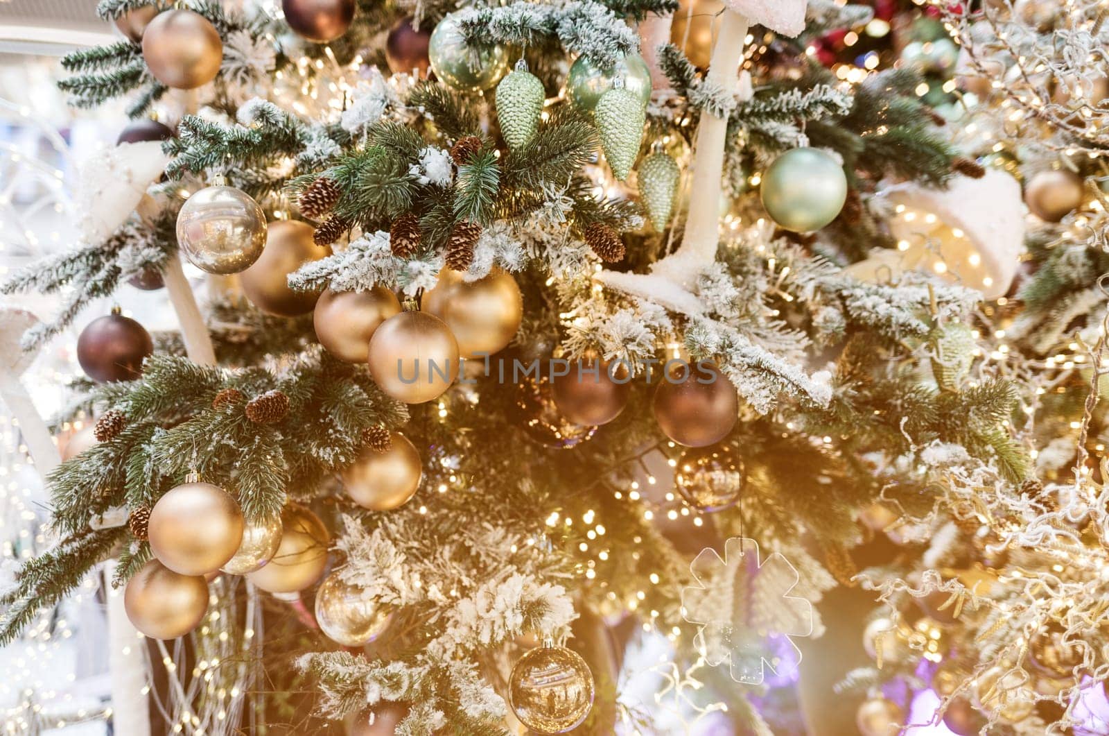 Decorated Christmas tree. New Year decoration