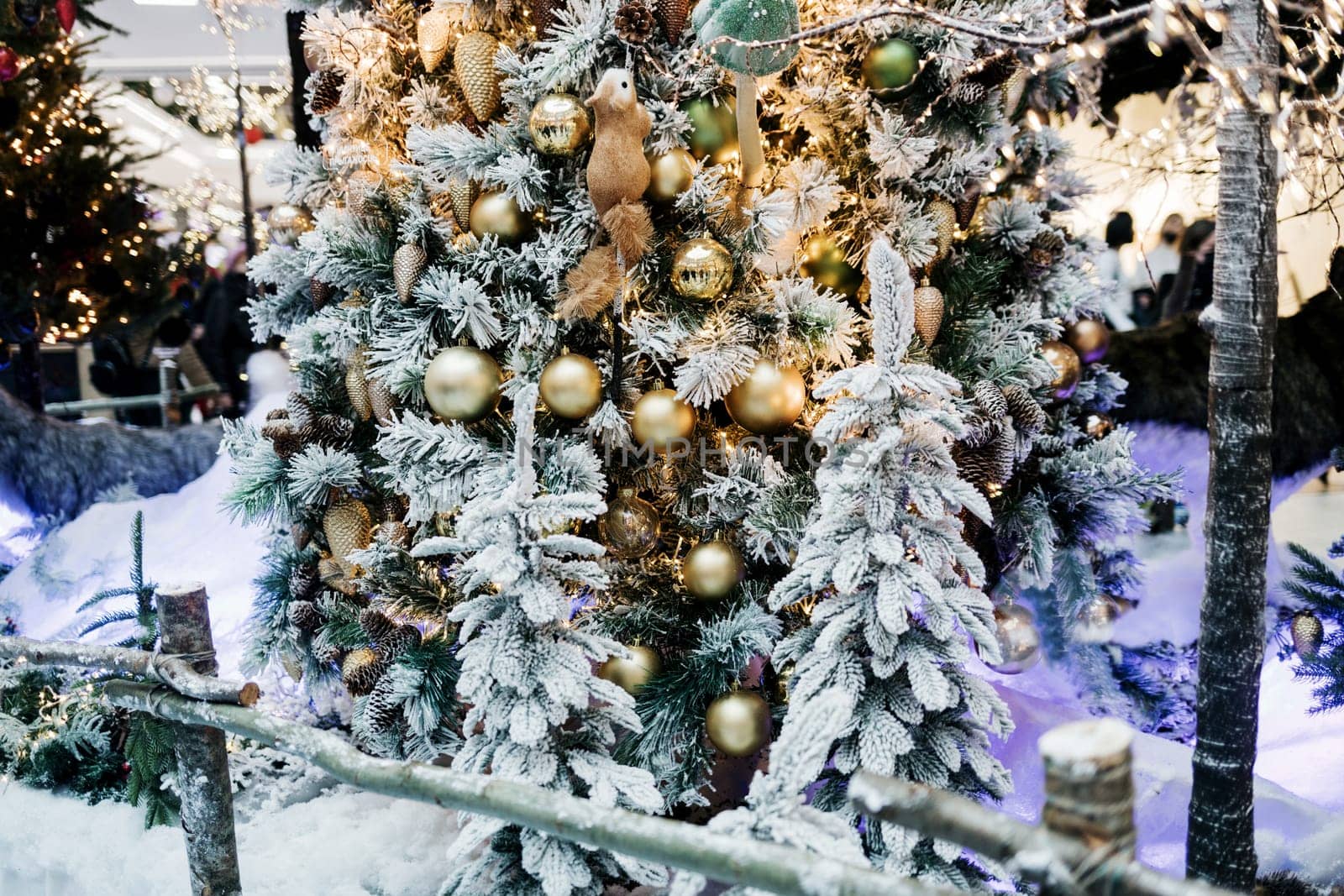 Christmas tree background and Christmas decorations with snow. Happy New Year and Xmas theme