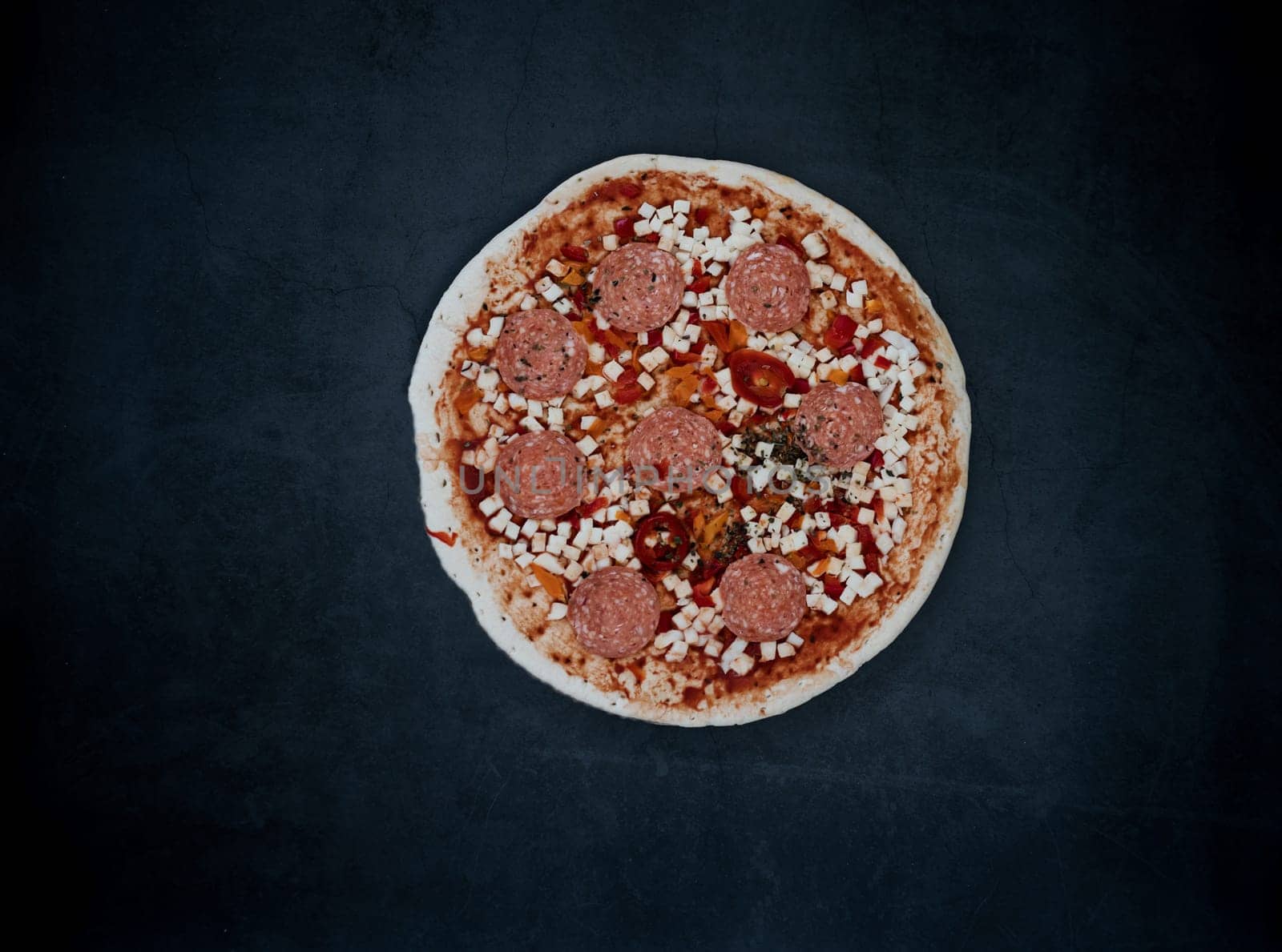 Raw Pizza on dark background. Original italian pepperoni pizza