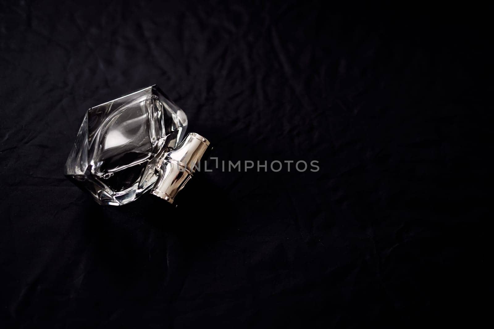 Empty vintage perfume crystal, clear glass shaped cruet, space for text