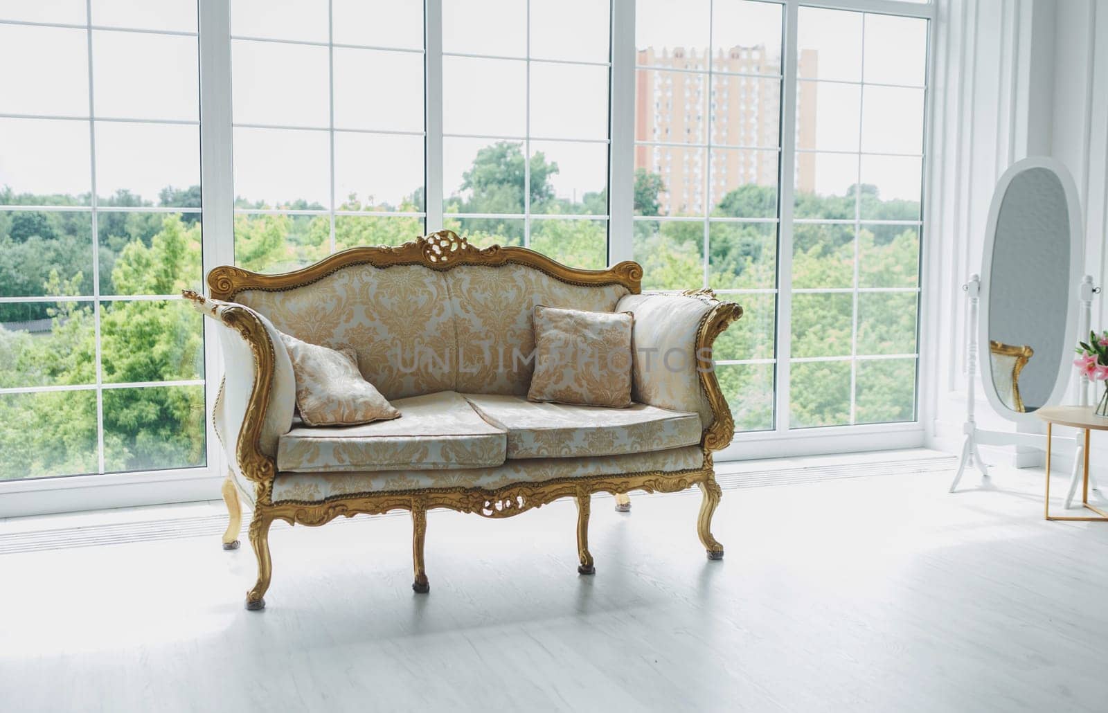 Vintage royal sofa in a room near big window. Classic interior